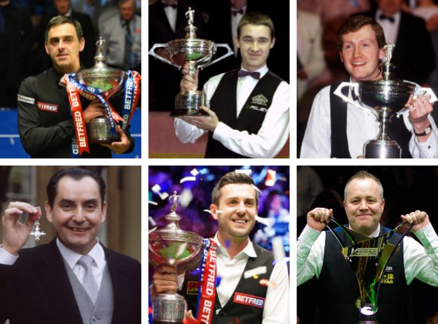 Split picture of snooker greats (clockwise from top left) Ronnie O'Sullivan, Stephen Hendry, Steve Davis, John Higgins, Mark Selby and Ray Reardon