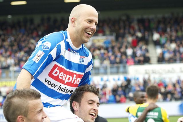 Arne Slot is held on team-mates shoulders after helping FC Zwolle win the second-tier title in the Netherlands in 2013