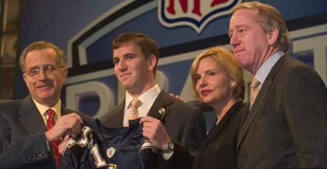 Eli Manning with a Los Angeles Chargers jersey at the 2004 NFL draft