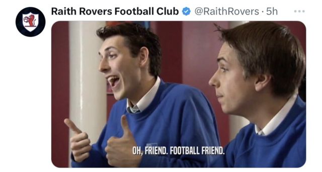 X Post from Raith Rovers FC: A meme from The Inbetweeners that says, "Oh, Friend, Football Friend" in response to Airdrieonians' guard of honour statement