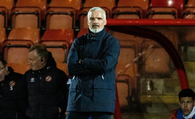 Dundee United Manager Jim Goodwin during a cinch Championship match between Airdrionians and Dundee United at Excelsior Stadium, on April 26, 2024, in Airdrie, Scotland.