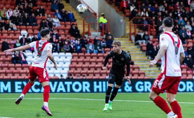 Dundee United's Kai Fotheringham has a header off target during a cinch Championship match between Airdrionians and Dundee United at Excelsior Stadium, on April 26, 2024, in Airdrie, Scotland.