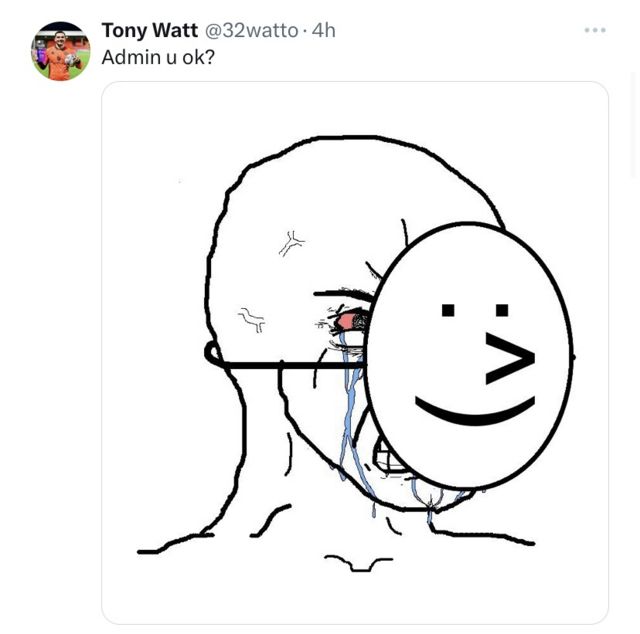 X Post from Tony Watt: "U ok Admin?" with a meme attached in response to Raith Rovers FC's post.
