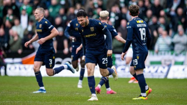 Dundee's Antonio Portales celebrates after scoring to make it 2-1 during a cinch Premiership match between Dundee and Celtic at Scot Foam Stadium at Dens Park, on April 28, 2024, in Dundee, Scotland.