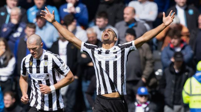 St Mirren's Mikael Mandron celebrates after making it 1-1 during a cinch Premiership match between St Mirren and Rangers at SMiSA Stadium, on April 28, 2024, in Paisley, Scotland.