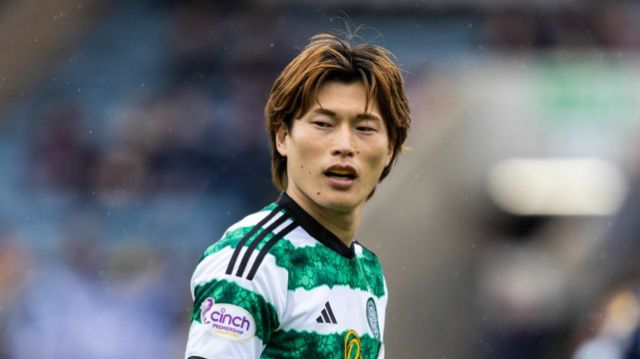 Celtic's Kyogo Furuhashi in action during a cinch Premiership match between Dundee and Celtic at Scot Foam Stadium at Dens Park, on April 28, 2024, in Dundee, Scotland.