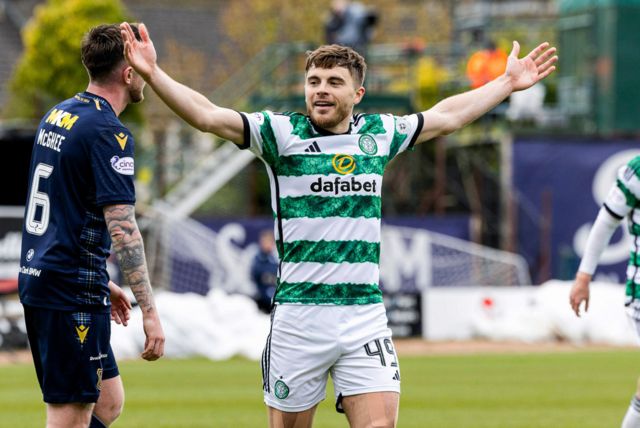 Celtic's James Forrest celebrates after scoring to make it 1-0 during a cinch Premiership match between Dundee and Celtic at Scot Foam Stadium at Dens Park, on April 28, 2024, in Dundee, Scotland.