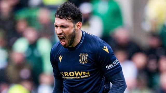 Dundee's Antonio Portales celebrates after scoring to make it 2-1 during a cinch Premiership match between Dundee and Celtic at Scot Foam Stadium at Dens Park, on April 28, 2024, in Dundee, Scotland.