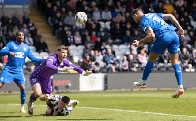Rangers' Cyriel Dessers scores to make it 2-1 during a cinch Premiership match between St Mirren and Rangers at SMiSA Stadium, on April 28, 2024, in Paisley, Scotland.