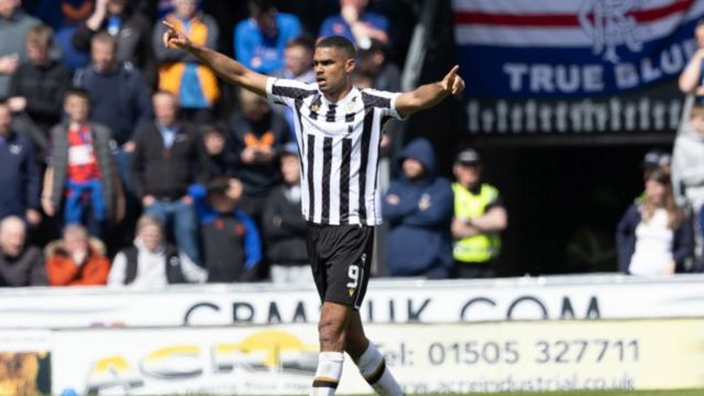 St Mirren's Mikael Mandron celebrates after making it 1-1 during a cinch Premiership match between St Mirren and Rangers at SMiSA Stadium, on April 28, 2024, in Paisley, Scotland.