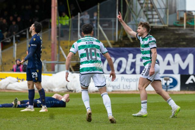 Celtic's James Forrest celebrates after making it 2-0 during a cinch Premiership match between Dundee and Celtic at Scot Foam Stadium at Dens Park, on April 28, 2024, in Dundee, Scotland.