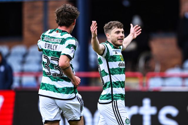 Celtic's James Forrest celebrates after scoring to make it 1-0 during a cinch Premiership match between Dundee and Celtic at Scot Foam Stadium at Dens Park, on April 28, 2024, in Dundee, Scotland.