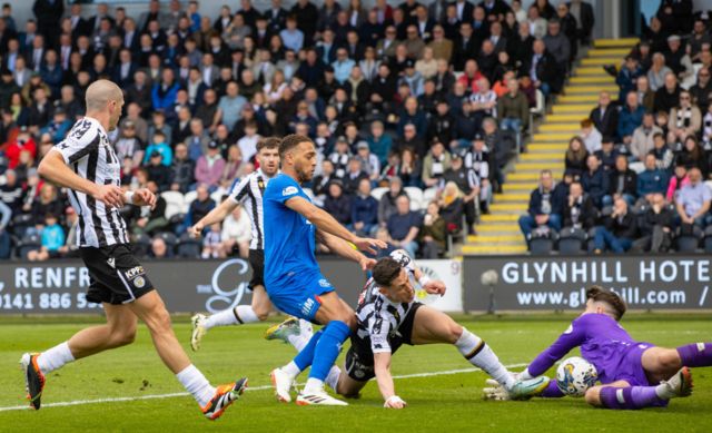 Rangers' Cyriel Dessers has a shot saved by St Mirren's Zach Hemming during a cinch Premiership match between St Mirren and Rangers at SMiSA Stadium, on April 28, 2024, in Paisley, Scotland.