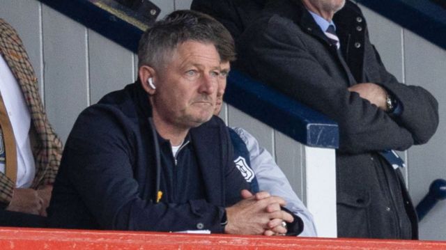 Dundee manager Tony Docherty watches on from the stand during a cinch Premiership match between Dundee and Celtic at Scot Foam Stadium at Dens Park, on April 28, 2024, in Dundee, Scotland.