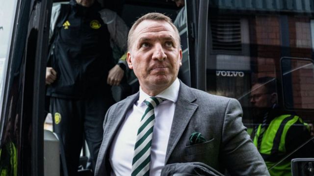 Celtic manager Brendan Rodgers during a cinch Premiership match between Dundee and Celtic at Scot Foam Stadium at Dens Park, on April 28, 2024, in Dundee, Scotland.