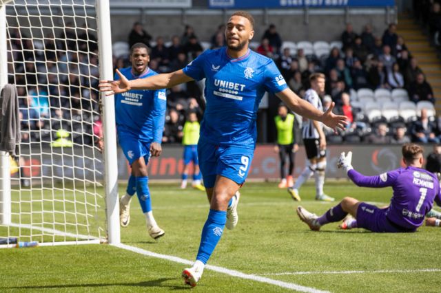 Rangers' Cyriel Dessers celebrates after making it 2-1 during a cinch Premiership match between St Mirren and Rangers at SMiSA Stadium, on April 28, 2024, in Paisley, Scotland.