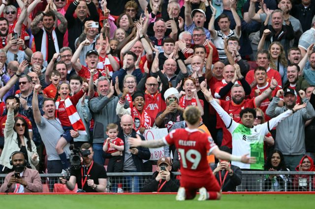 Harvey Elliott celebrates scoring for Liverpool against Tottenham