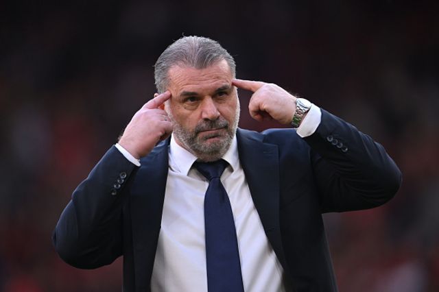 Ange Postecoglou, Manager of Tottenham Hotspur, gestures