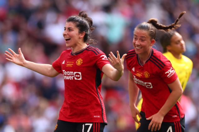 Lucia Garcia of Manchester United celebrates scoring the third goal during the Adobe Women's FA Cup Final match between Manchester United and Tottenham Hotspur