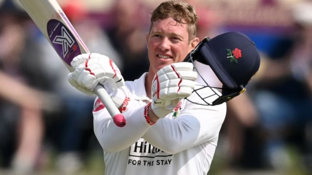 Keaton Jennings celebrates scoring a century