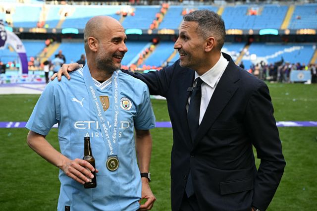 Pep Guardiola and Manchester City Emirati chairman Khaldoon al-Mubarak