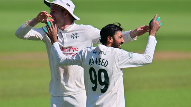 Haseeb Hameed celebrates taking a catch