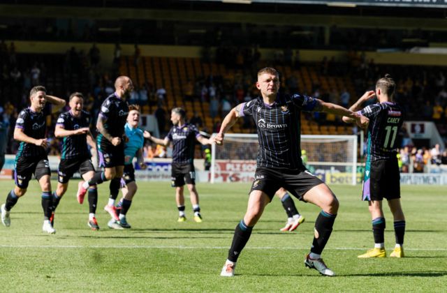 St Johnstone's Laim Gordon celebrates after a cinch Premiership match between Motherwell and St Johnstone at Fir Park, on May 19, 2024, in Motherwell, Scotland.