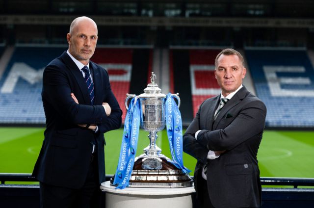 Philippe Clement and Brendan Rodgers pose with the trophy