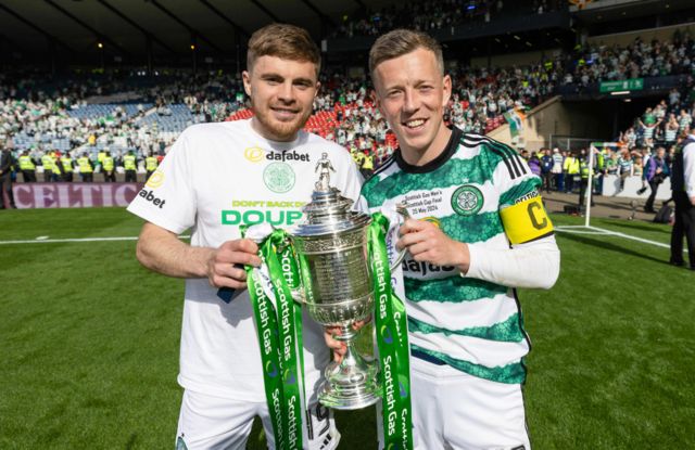 Celtic's James Forrest and Callum McGregor with the Scottish Cup during a Scottish Gas Scottish Cup final match between Celtic and Rangers at Hampden Park, on May 25, 2024, in Glasgow, Scotland.