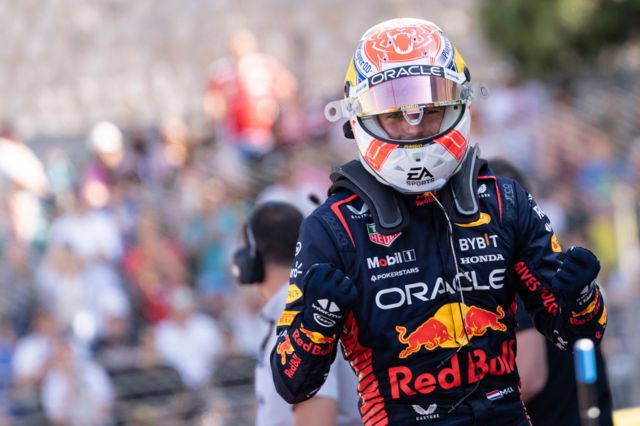 Max Verstappen celebrates pole in Monaco in 2023