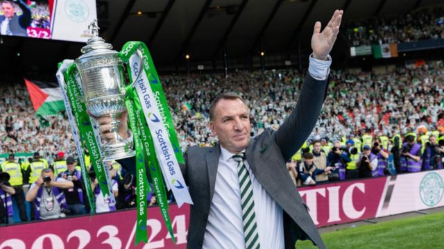 Celtic manager Brendan Rodger with the Scottish Cup during a Scottish Gas Scottish Cup final match between Celtic and Rangers at Hampden Park, on May 25, 2024, in Glasgow, Scotland.