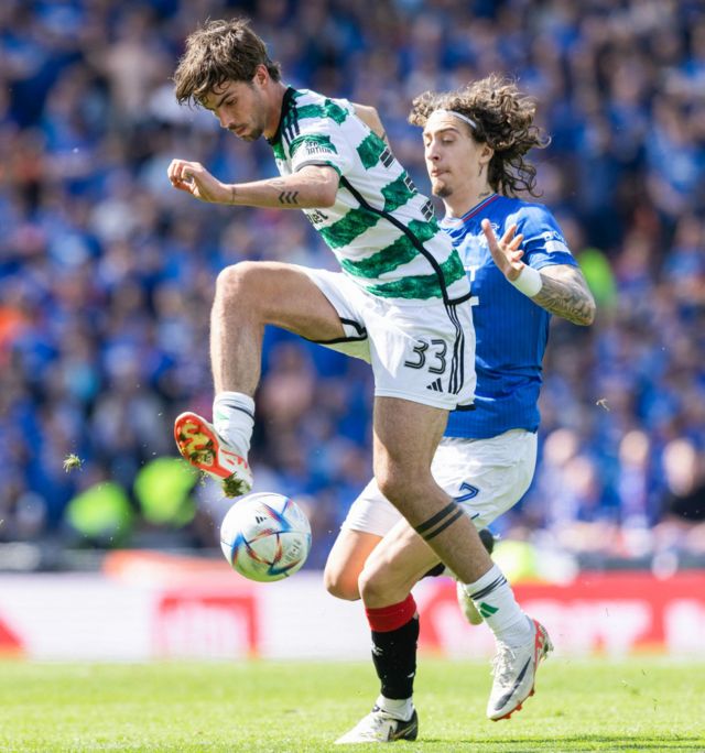 Celtic's MAtt O'Riley and Rangers' Fabio Silva in action during a Scottish Gas Scottish Cup final match between Celtic and Rangers at Hampden Park, on May 25, 2024, in Glasgow, Scotland.