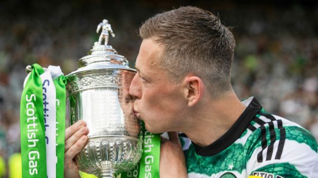Celtic's Callum McGregor kisses the Scottish Cup during a Scottish Gas Scottish Cup final match between Celtic and Rangers at Hampden Park, on May 25, 2024, in Glasgow, Scotland.