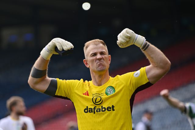 Celtic's Joe Hart celebrates at full time during a Scottish Gas Scottish Cup final match between Celtic and Rangers at Hampden Park, on May 25, 2024, in Glasgow, Scotland.