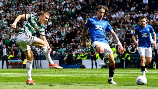 Celtic's Alistair Johnston has a shot off target during a Scottish Gas Scottish Cup final match between Celtic and Rangers at Hampden Park, on May 25, 2024, in Glasgow, Scotland.