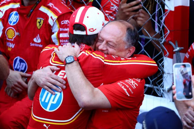 Charles Leclerc and Fred Vasseur embrace