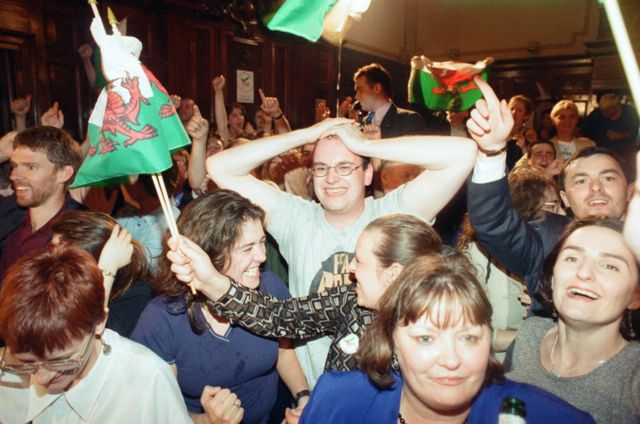 Campaigners for devolution celebrate Wales' yes vote in 1997