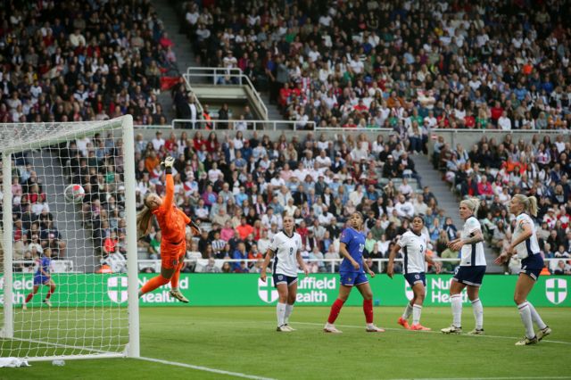 France's Elisa De Almeida (not pictured) scores their side's first goal of the game during the UEFA Women's Euro 2025 qualifying League A, Group A3 match at St. James' Park, Newcastle upon Tyne