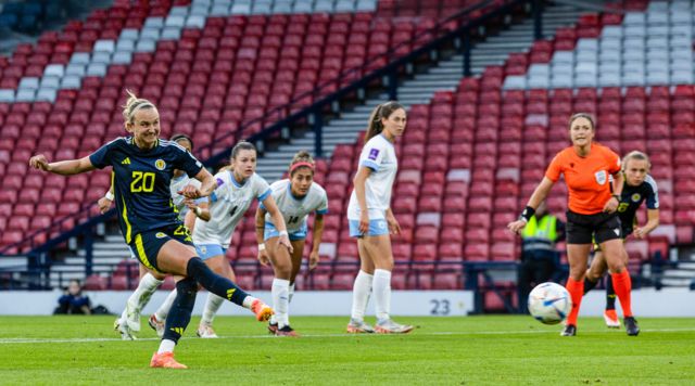 cotland's Martha Thomas scores a penalty to make it 4-0 during a UEFA European Championship Qualifier