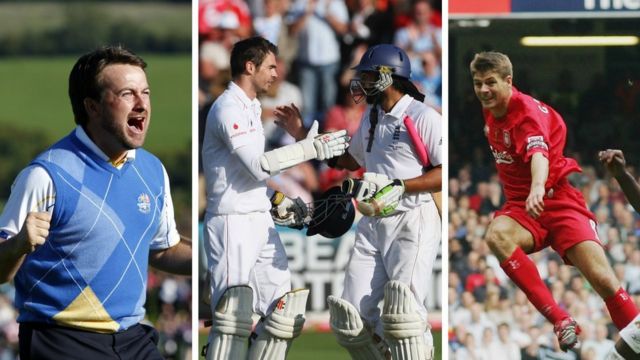 Graeme McDowell wins the 2010 Ryder Cup for Europe, Monty Panesar and Jimmy Anderson celebrate earning England an Ashes draw in Cardiff and Steven Gerrard scores for Liverpool