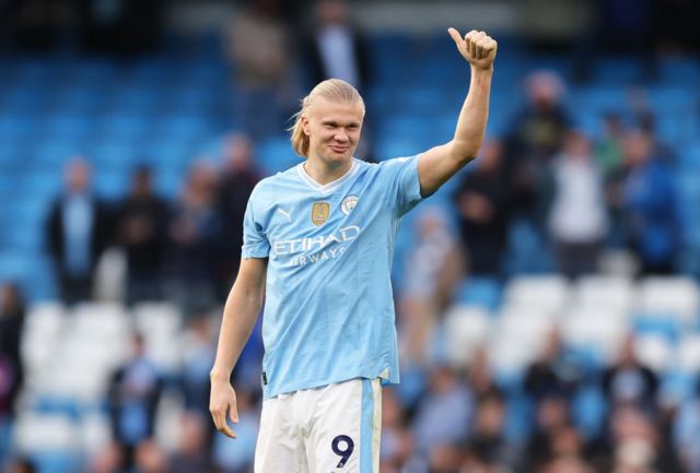 Erling Haaland of Manchester City celebrates after his team's win over Wolverhampton Wanderers.