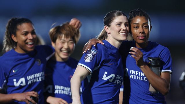 Chelsea's Maren Mjelde and Ashley Lawrence celebrate