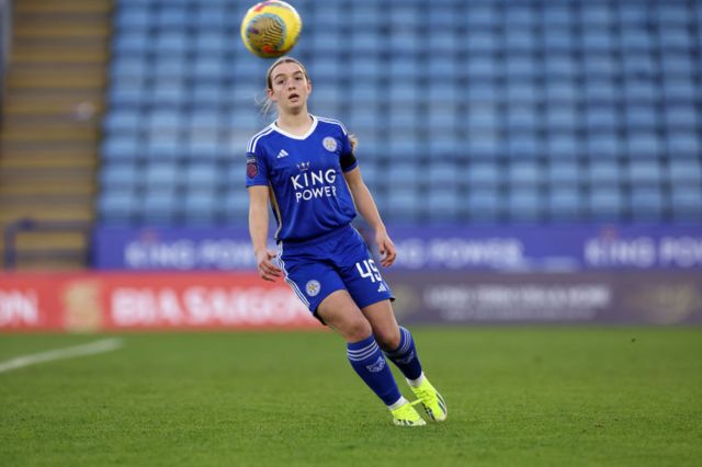 Denny Draper of Leicester City Women during the Barclays Women's Super League match between Leicester City and Bristol City at King Power Stadium on February 18, 2024 in Leicester, United Kingdom.