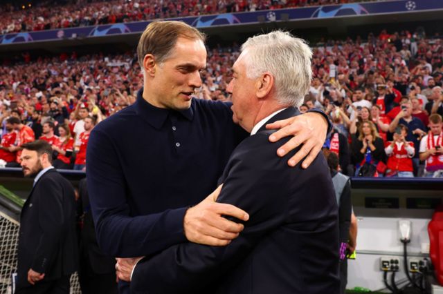 Thomas Tuchel greets Real Madrid coach Carlo Ancelotti
