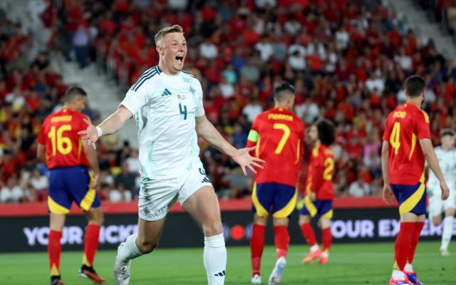Daniel Ballard celebrates scoring against Spain