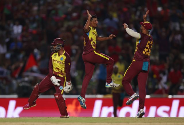 Gudakesh Motie of West Indies celebrates with teammate Brandon King after dismissing Kane Williamson of New Zealand (not pictured) during the ICC Men's T20 Cricket World Cup West Indies & USA 2024 match