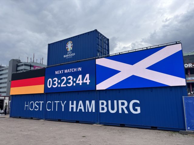 Container crates showing the countdown to kick off between Germany and Scotland