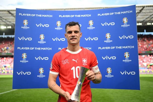 Granit Xhaka holding the player of the match award after Switzerland's win against Hungary