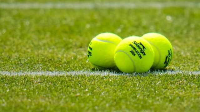 Wimbledon 2024 tennis balls on a grassy court