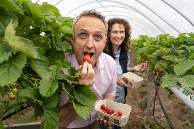 Alex Cole-Hamilton and Wendy Chamberlain holding punnets of strawberrys with Cole-Hamilton opening his mouth to eat one